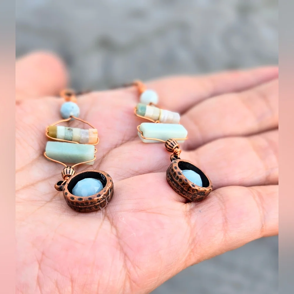 Natural Amazonite In The Scythian Spirit Set In Antique Copper Artifact Earrings - Picture 9 of 11